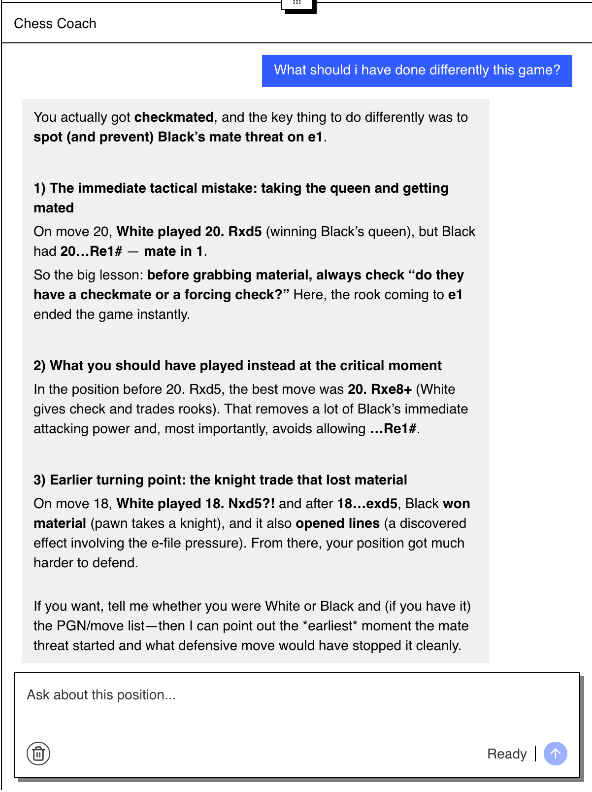 Caissa AI example: Post-Game Review